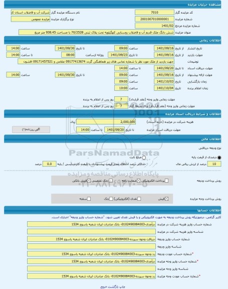 مزایده ، شش دانگ ملک قدیم آب و فاضلاب روستایی کهگیلویه تحت پلاک ثبتی 70/2528 با مساحت 938.45 متر مربع -مزایده ساختمان و مغازه  -