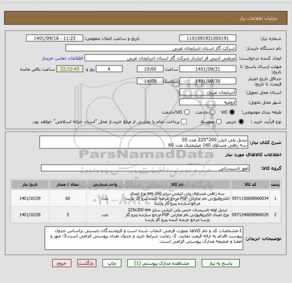 استعلام تبدیل پلی اتیلن 200*225	عدد	05
سه راهی مساوی 160 میلیمتری	عدد	60