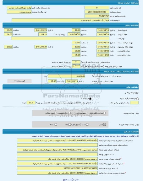 مزایده ، فروش یک قطعه زمین با وضع موجود -مزایده زمین - استان تهران