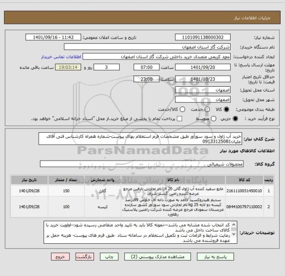 استعلام خرید آب ژاول و سود سوزآور طبق مشخصات فرم استعلام بهای پیوست-شماره همراه کارشناس فنی آقای علیان09133125081