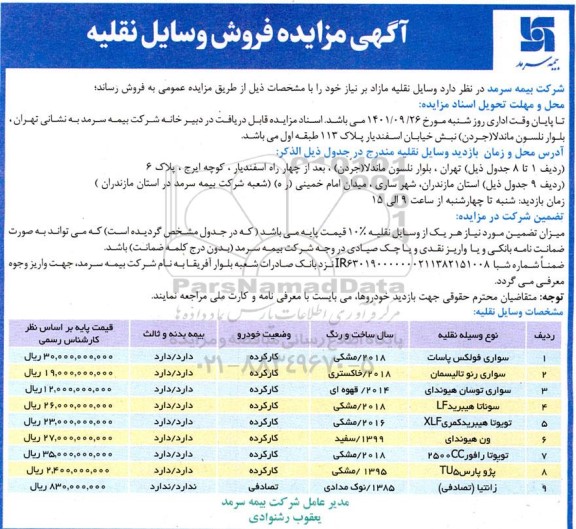 مزایده فروش وسایل نقلیه