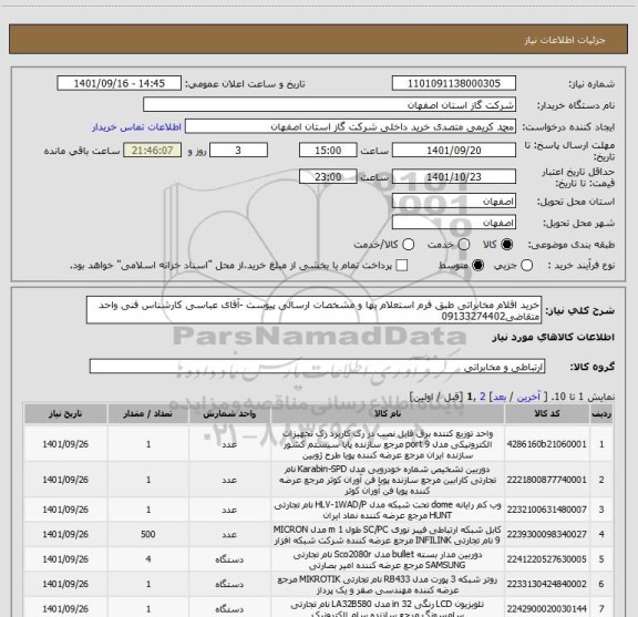 استعلام خرید اقلام مخابراتی طبق فرم استعلام بها و مشخصات ارسالی پیوست -آقای عباسی کارشناس فنی واحد متقاضی09133274402