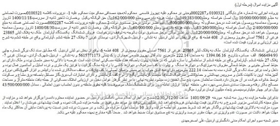 مزایده ششدانگ  یکدستگاه آپارتمان  ملک به پلاک ثبتی 23865