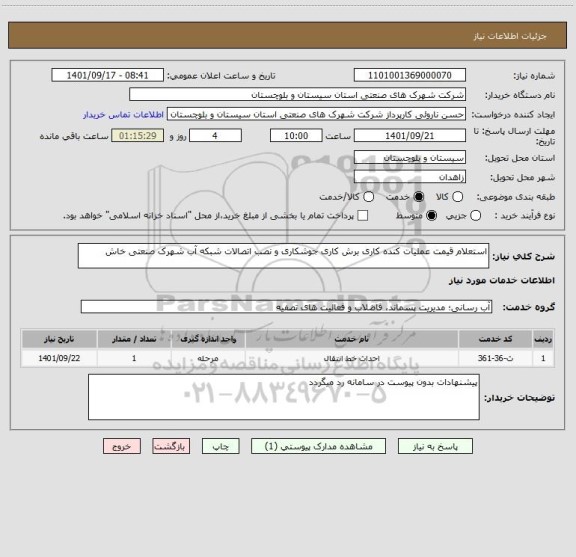 استعلام استعلام قیمت عملیات کنده کاری برش کاری جوشکاری و نصب اتصالات شبکه آب شهرک صنعتی خاش