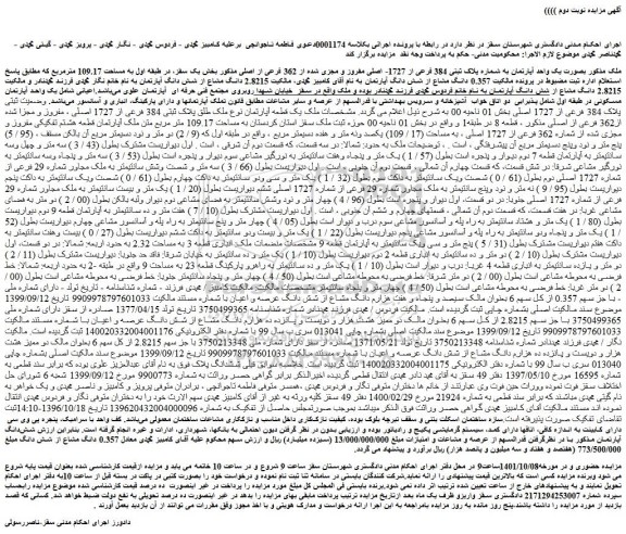 مزایده یک واحد آپارتمان به شماره پلاک ثبتی 384 فرعی از 1727- اصلی