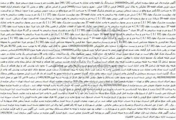 آگهی مزایده ششدانگ یک قطعه واحد تجاری به مساحت (25 / 48) چهل وهشت متر و بیست وپنج دسیمتر مربع