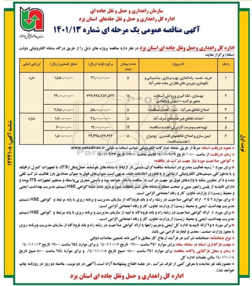 آگهی مناقصه عمومی یک مرحله ای خرید، نصب و راه اندازی دوربین نظارتی جاده خضرآباد