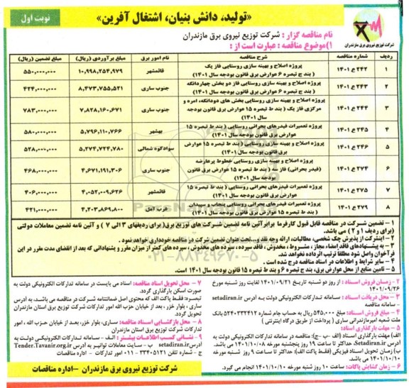 مناقصه پروژه اصلاح و بهینه سازی عوارض فاز یک ...- نوبت دوم 