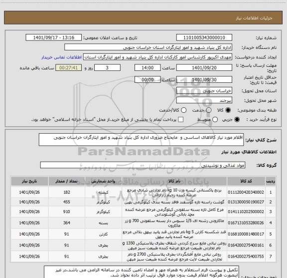 استعلام اقلام مورد نیاز کالاهای اساسی و مایحتاج ضروری اداره کل بنیاد شهید و امور ایثارگران خراسان جنوبی