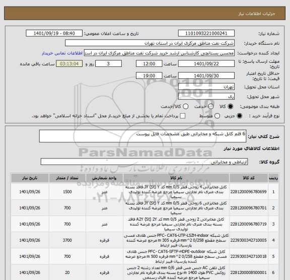 استعلام 6 قلم کابل شبکه و مخابراتی طبق مشخصات فایل پیوست