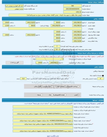 مزایده ، فروش ملک واقع در شهرستان کرمان ، بخش گلباف، محله زر نوجنب سیل بند غربی(تاج آباد) -مزایده زمین و مستحدثات - استان کرمان
