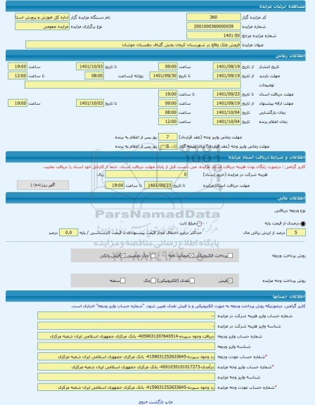 مزایده ، فروش ملک واقع در شهرستان کرمان بخش گلباف دهستان جوشان -مزایده زمین و مستحدثات - استان کرمان