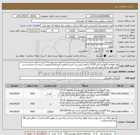 استعلام ورق فولادی گالوانیزه گرم ST52 با ابعاد 1 متر در 1 متر و ضخامت 5 و 6 و 8 میلیمتر // ایران کد مشابه است خرید طبق مدارک پیوستی می باشد