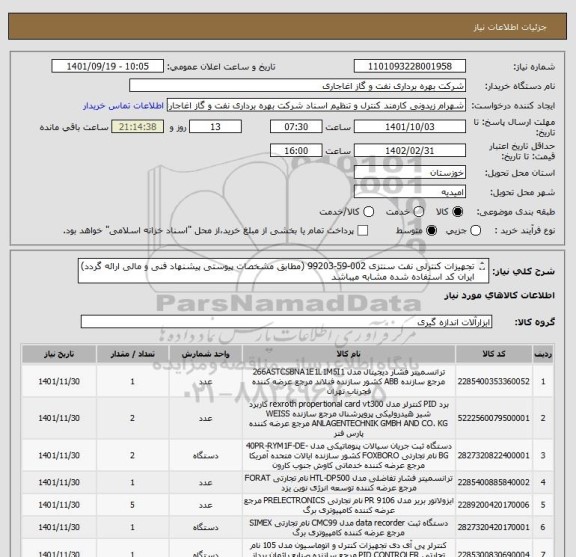 استعلام تجهیزات کنترلی نفت سنتزی 002-59-99203 (مطابق مشخصات پیوستی پیشنهاد فنی و مالی ارائه گردد)
ایران کد استفاده شده مشابه میباشد