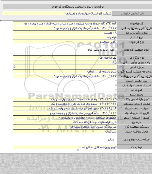 مناقصه, خرید لوله فلزی در سایزهای مختلف