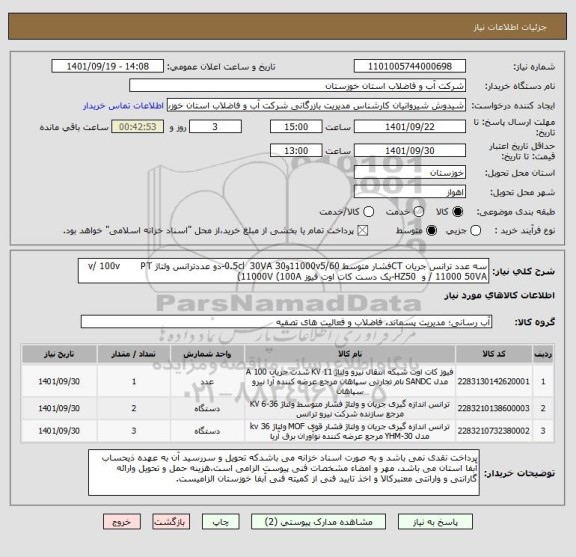 استعلام سه عدد ترانس جریان CTفشار متوسط 11000v5/60و30 0.5cl  30VA-دو عددترانس ولتاژ v/ 100v       PT   / 11000 50VA و  HZ50-یک دست کات اوت فیوز 11000V (100A)