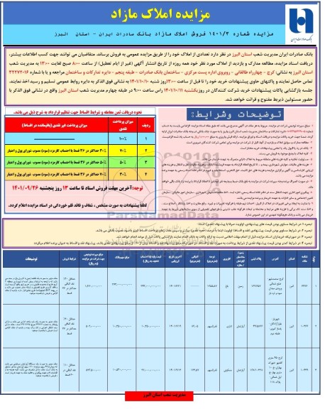 مزایده فروش املاک مازاد کاربری اداری و مسکونی و باغ