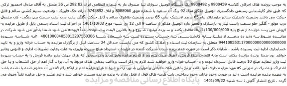 آگهی مزایده یک دستگاه اتومبیل سواری تیبا صندوق دار