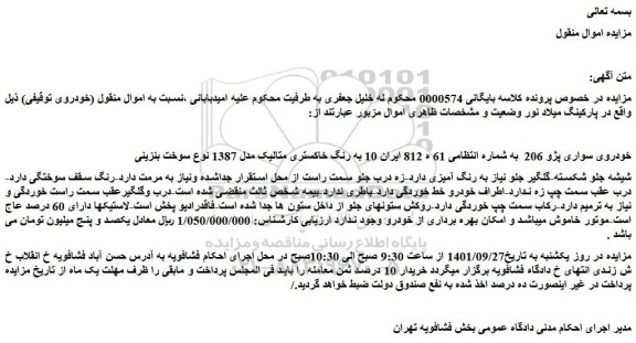 مزایده فروش خودروی سواری پژو 206