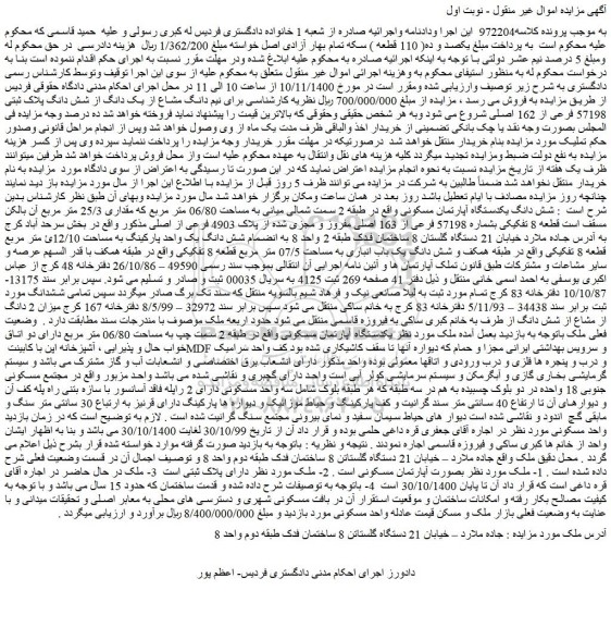 مزایده فروش ملک بصورت آپارتمان مسکونی
