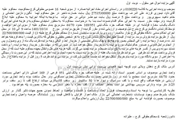 مزایده فروش 6 دانگ یکباب مغازه قولنامه ای در طبقه همکف جزء ملک ثبتی 169/951 حدود 44/70 مترمربع