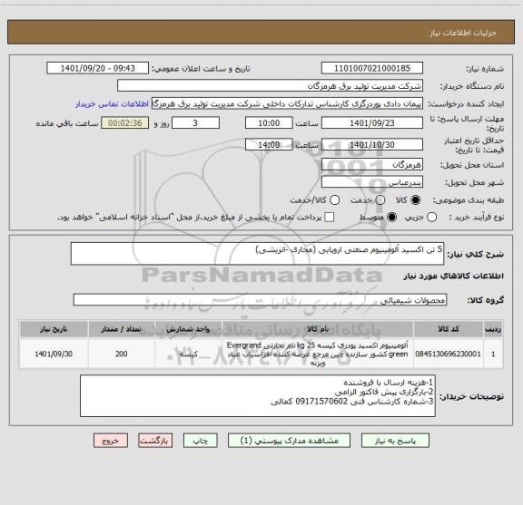 استعلام 5 تن اکسید آلومینیوم صنعتی اروپایی (مجاری -اتریشی)