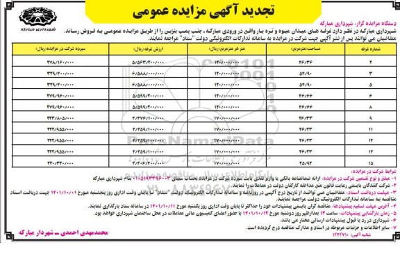 مزایده فروش غرفه های میدان میوه و تره بار - تجدید
