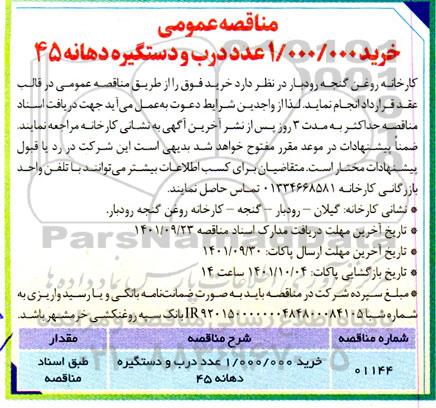 مناقصه عمومی خرید 1.000.000 عدد درب و دستگیره دهانه 45