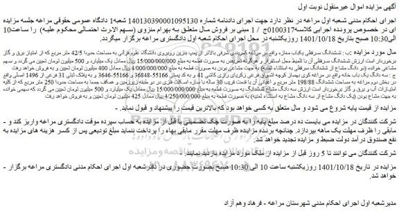 مزایده فروش ششدانگ سرقفلی یکباب مغازه 