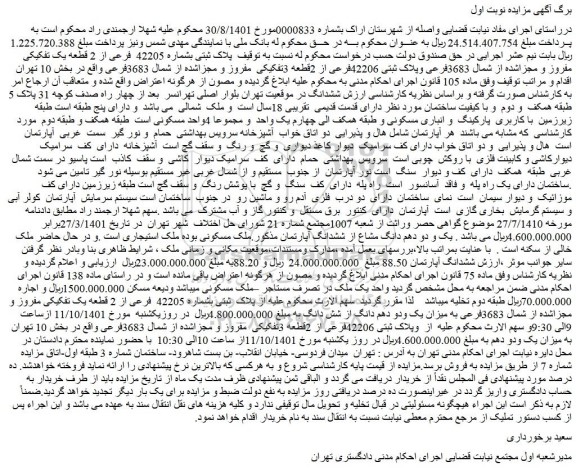 مزایده فروش پلاک ثبتی بشماره 42205 فرعی از 2 قطعه یک تفکیکی مفروز و مجزاشده از شمال 3683فرعی وپلاک ثبتی 42206فرعی از 2قطعه 3تفکیکی مفروز و مجزاشده از شمال 3683فرعی