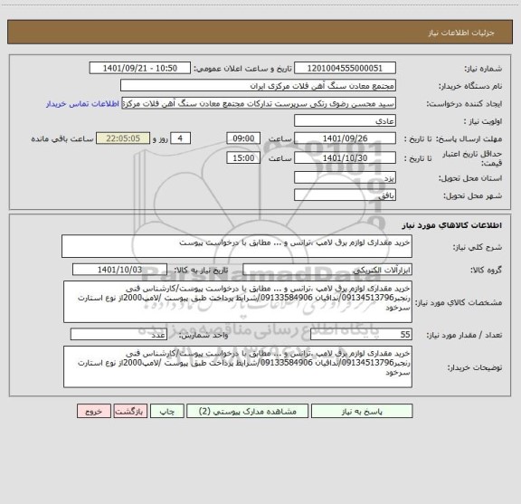 استعلام خرید مقداری لوازم برق لامپ ،ترانس و ... مطابق با درخواست پیوست
