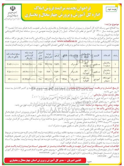 فراخوان تجدید مزایده فروش املاک- نوبت دوم