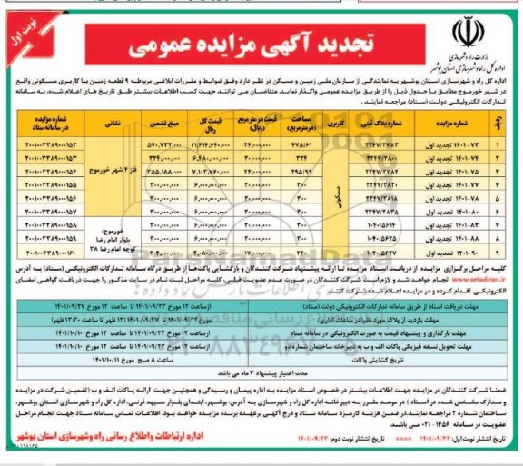 آگهی مزایده عمومی 9 قطعه زمین با کاربری مسکونی واقع در شهر ... تجدید