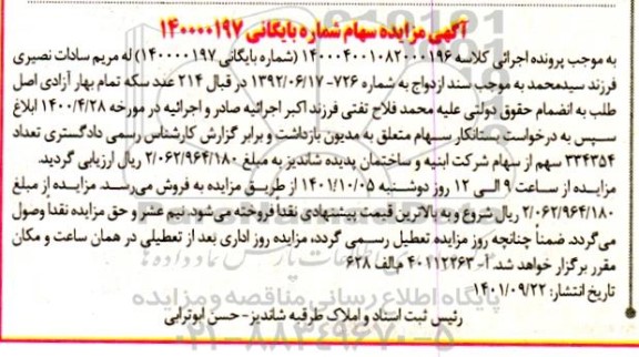 مزایده تعداد 334354 سهم از سهام شرکت ابنیه و ساختمان پدیده شاندیز