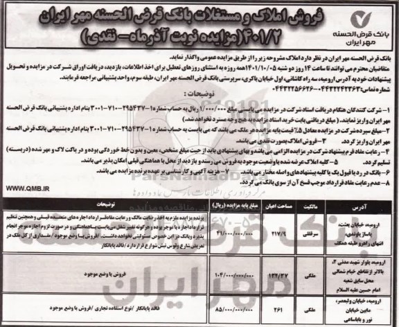 مزایده فروش املاک و مستغلات بانک قرض الحسنه