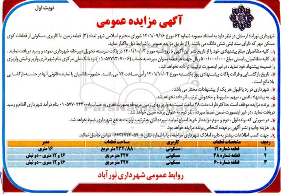 مزایده واگذاری 3 قطعه زمین مسکونی