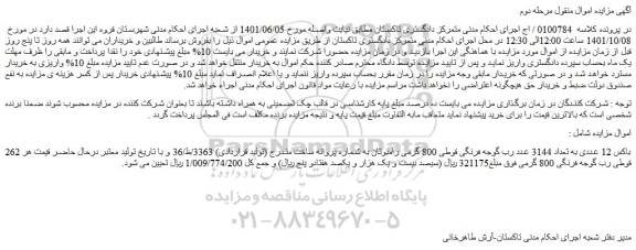 مزایده فروش 262 باکس 12 عددی به تعداد 3144 عدد رب گوجه فرنگی قوطی 800 گرمی رامبوتان