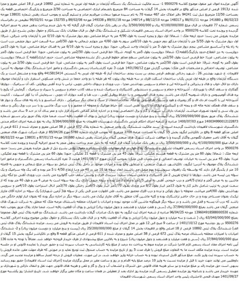 آگهی مزایده ششدانگ یک دستگاه آپارتمان در طبقه اول غربی به شماره ثبتی 10892 فرعی از 18 اصلی