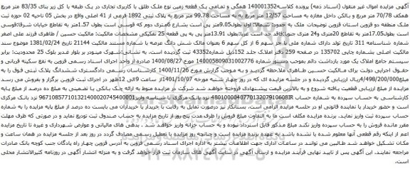 آگهی مزایده همگی و تمامی یک قطعه زمین نوع ملک طلق با کاربری تجاری در یک طبقه با کل زیر بنای 83/35 متر مربع همکف 70/78 متر مربع