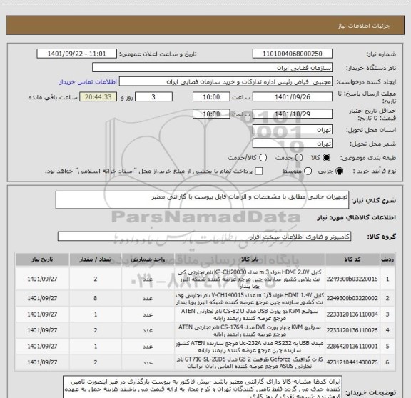 استعلام تجهیزات جانبی مطابق با مشخصات و الزامات فایل پیوست با گارانتی معتبر