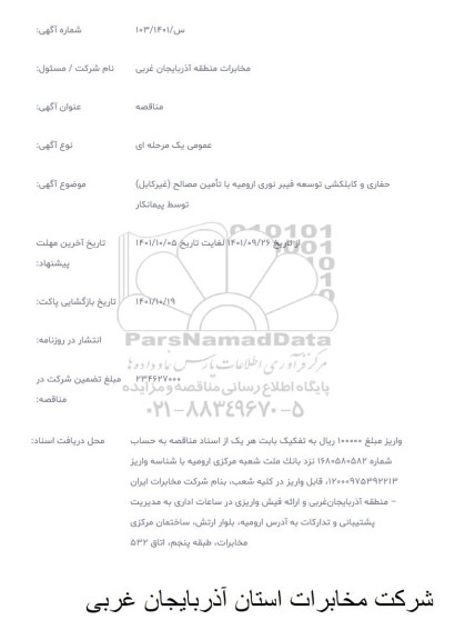 آگهی مناقصه عمومی حفاری و کابلکشی توسعه فیبرنوری ارومیه