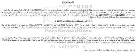 مزایده فروش یک دستگاه لودر معدنی چرخ لاستیکی لیفتراکی توتا TOTA مدل XZ0720
