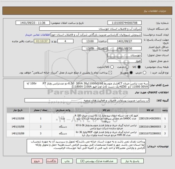 استعلام سه عدد ترانس جریان CTفشار متوسط 11000v5/60و30 0.5cl  30VA-دو عددترانس ولتاژ v/ 100v       PT   / 11000 50VA و  HZ50-یک دست کات اوت فیوز 11000V (100A)