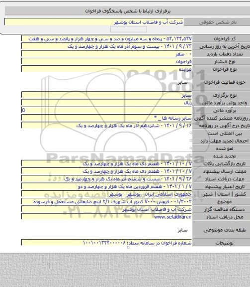 مزایده, ۰۱/۳۰۰۳ - فروش ۷۰۰۰ کنتور آب شهری ۲/۱ اینچ ضایعاتی مستعمل و فرسوده