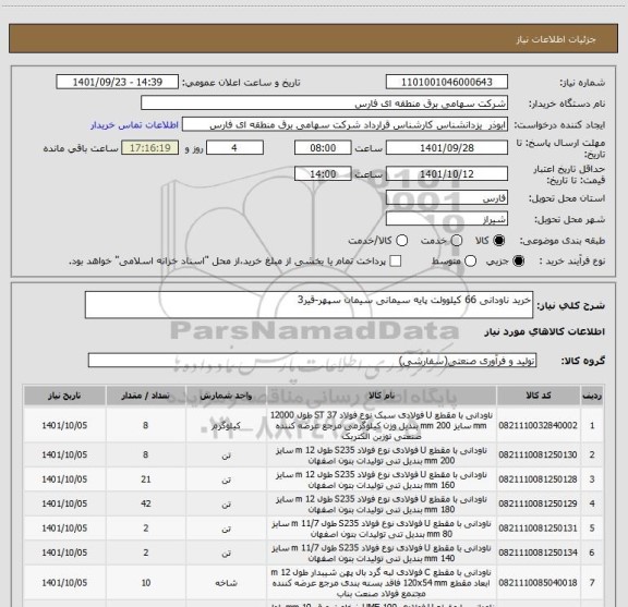 استعلام خرید ناودانی 66 کیلوولت پایه سیمانی سیمان سپهر-قیر3