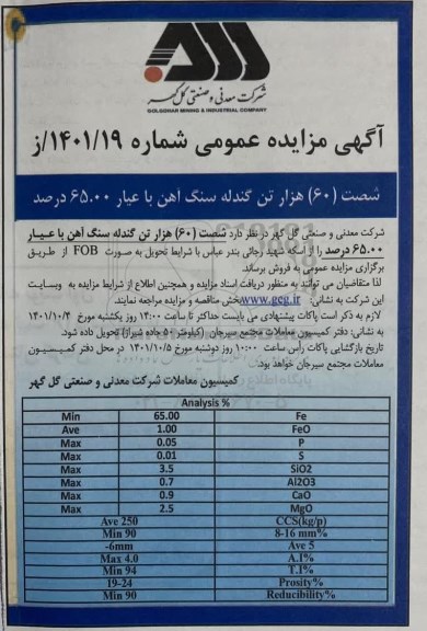 مزایده 60 هزار تن گندله سنگ آهن