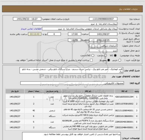 استعلام کلید اتوماتیک - آمپر متر تابلو برق - ترانس جریان سدیم - چراغ سیگنال تابلو برقی - شمش مسی - بدنه تابلو برق