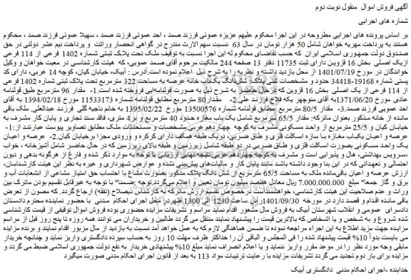 مزایده ملک تحت پلاک ثبتی شماره 1402