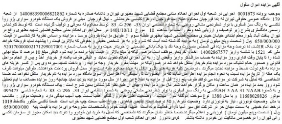 مزایده فروش یک دستگاه خودرو سواری پژو روآ تاکسی به رنگ سبز فسفری با نوار شطرنجی مشکی روغنی
