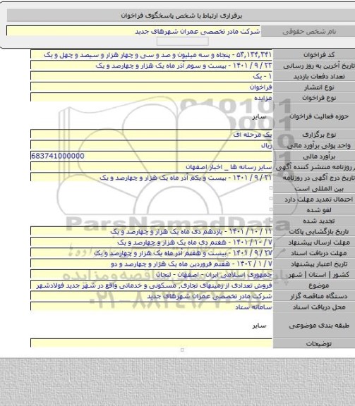 مزایده, فروش تعدادی از زمینهای تجاری٬ مسکونی و خدماتی واقع در شهر جدید فولادشهر